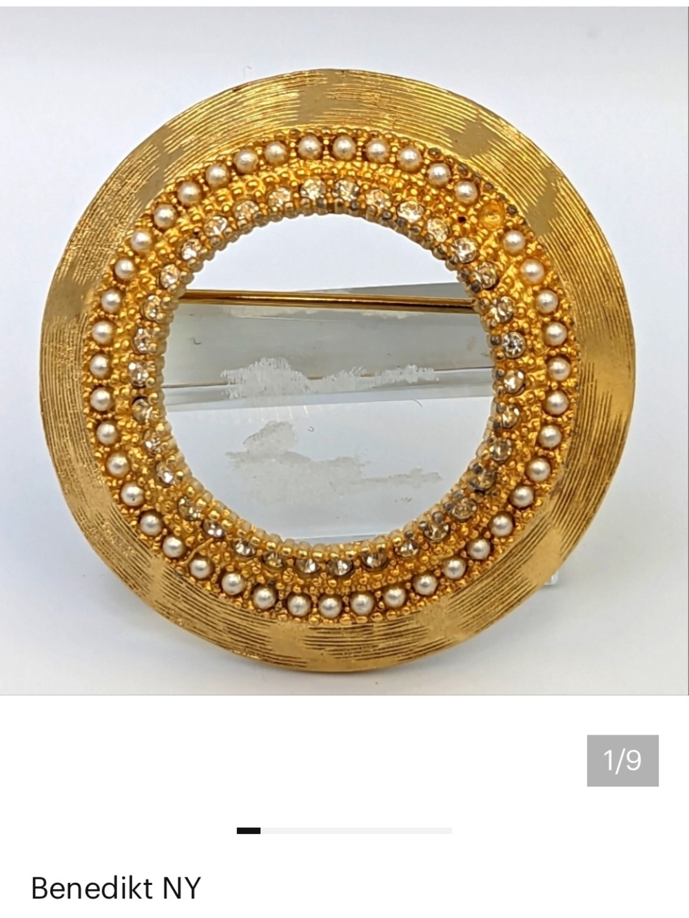 Benedikt NY Gold Pearl & Crystal Round Brooch